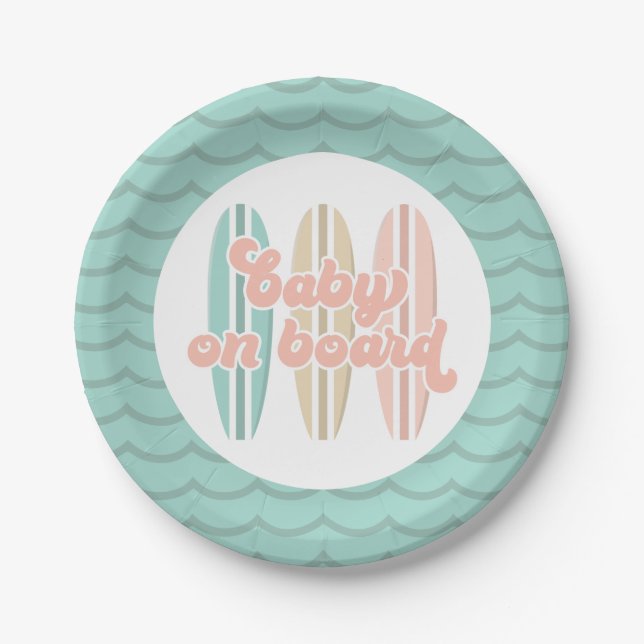 Baby on Board Surfboard Beach Baby Shower Paper Pl Plate (Front)