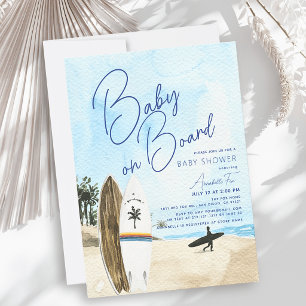 Baby on Board Surfboard Beach Blue Boy Baby Shower Invitation