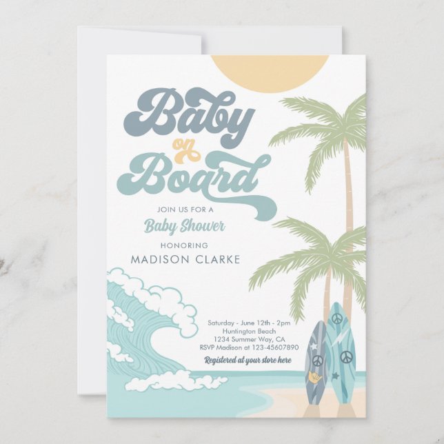 Baby on Board Surfboard Beach Retro Baby Shower Invitation (Front)