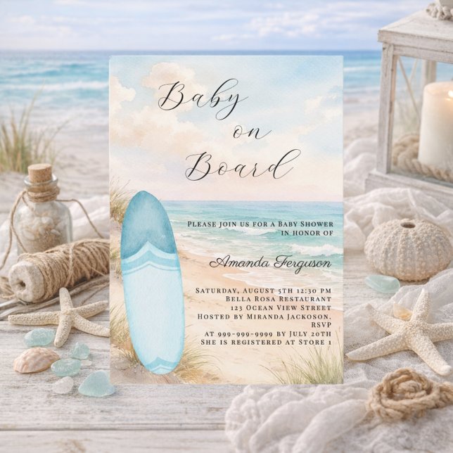Baby on Board surfboard blue boy beach Baby Shower Invitation (Creator Uploaded)