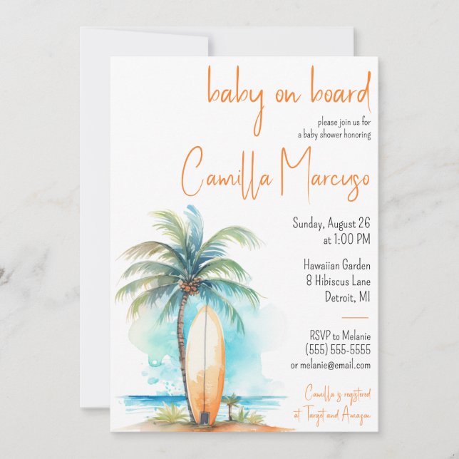 Baby on Board, Surfboard, Palm Tree Baby Shower Invitation (Front)