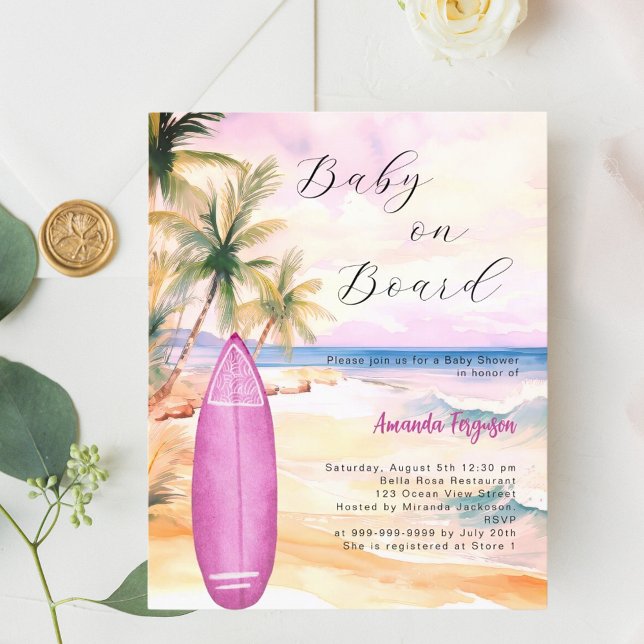 Baby on Board surfboard pink girl Baby Shower (Creator Uploaded)