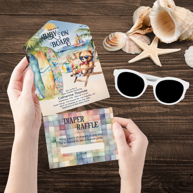 Baby On Board Surfboard Teddy Bear Baby Shower All In One Invitation (Creator Uploaded)