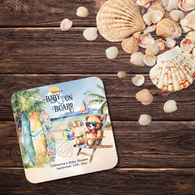 Baby On Board Surfboard Teddy Bear Baby Shower Square Paper Coaster (Creator Uploaded)