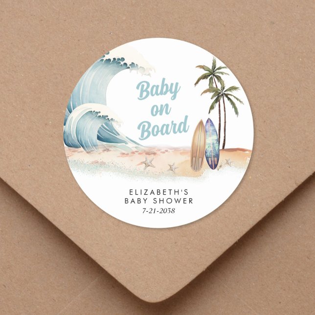 Baby On Board Surfing Beach Baby Shower Classic Round Sticker (Creator Uploaded)