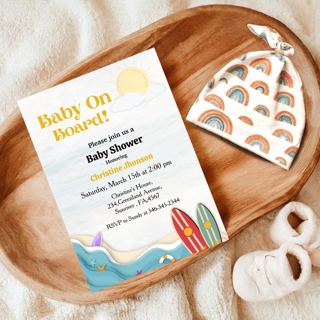 Baby on board surfing beach baby shower invitation (Creator Uploaded)