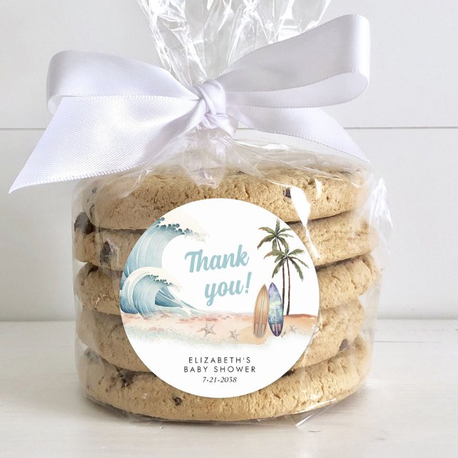 Baby On Board Surfing Beach Baby Shower Thank You Classic Round Sticker (Creator Uploaded)