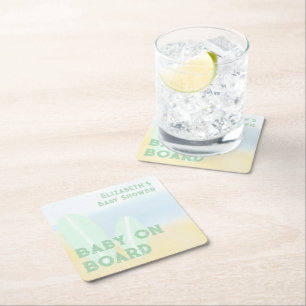 Baby On Board Surfing Beach Watercolor Baby Shower Square Paper Coaster