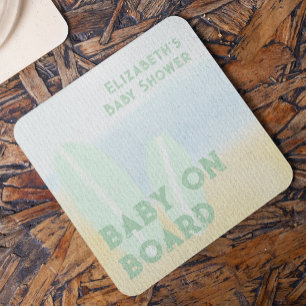 Baby On Board Surfing Beach Watercolor Baby Shower Square Paper Coaster