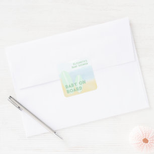 Baby On Board Surfing Beach Watercolor Baby Shower Square Sticker