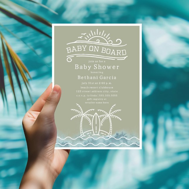 Baby On Board Surfing Green Beach Baby Shower Invitation (Creator Uploaded)
