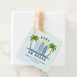 Baby on board surfing splash blue baby boy shower favour tags