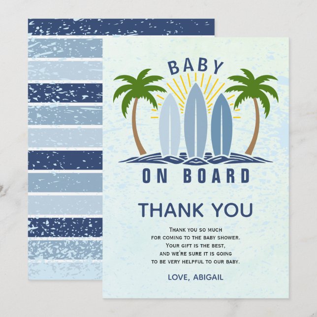 Baby on board surfing splash blue baby boy shower thank you card (Front/Back)