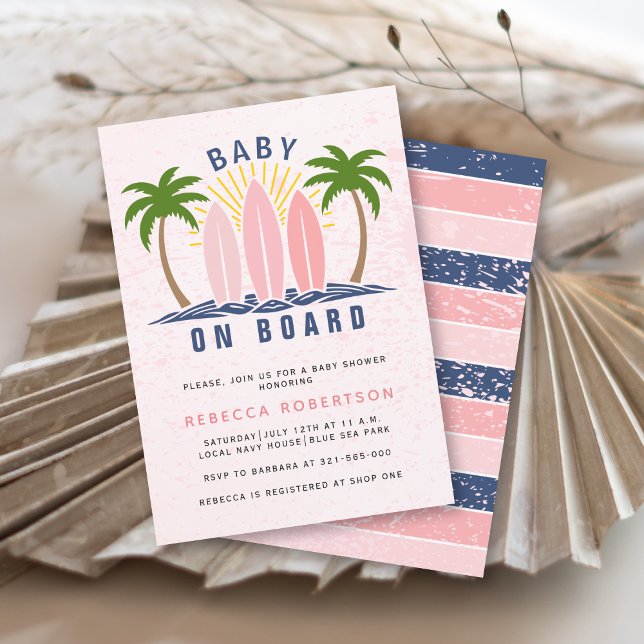 Baby on board surfing splash pink baby girl shower invitation (Creator Uploaded)