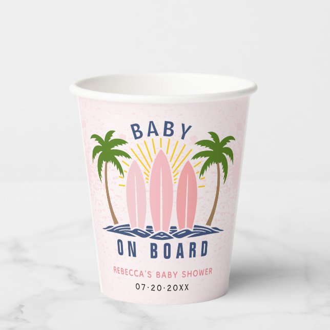 Baby on board surfing splash pink baby girl shower paper cups (Front)