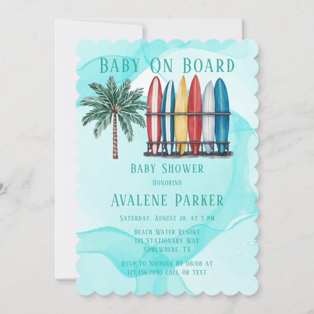 Baby On Board Surfing Teal Baby Shower Invitation (Front)