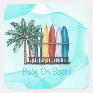 Baby On Board Surfing Teal Baby Shower Square Sticker