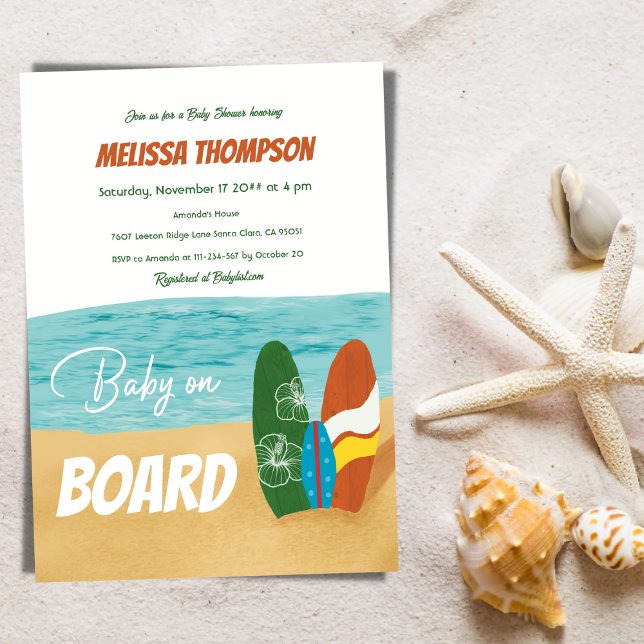 Baby on Board Surfing Tropical Beach Baby Shower Invitation (Creator Uploaded)