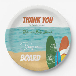 Baby on Board Surfing Tropical Beach Baby Shower Paper Plate