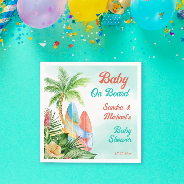 Baby on board tropical surfing baby shower custom  napkin (Creator Uploaded)