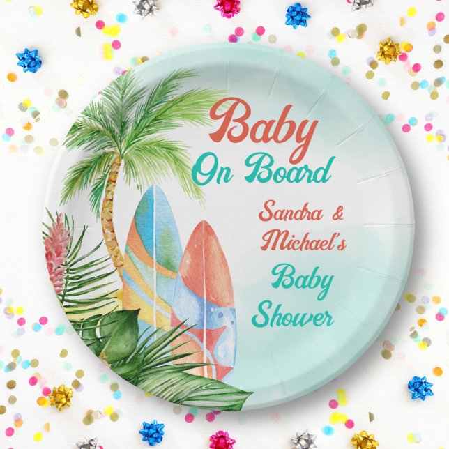 Baby on board tropical surfing baby shower custom paper plate (Creator Uploaded)