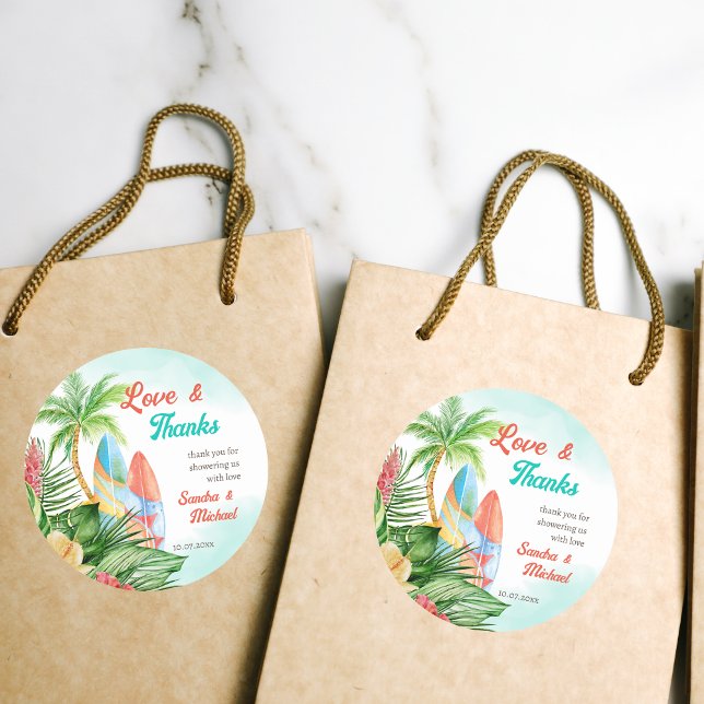 Baby on board tropical surfing baby shower thank classic round sticker (Creator Uploaded)