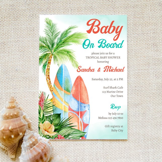 Baby on board tropical surfing beach baby shower invitation (Creator Uploaded)