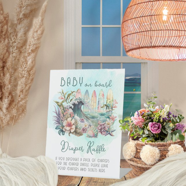 Baby on Board Tropical Surfing Diaper Raffle Pedestal Sign (Creator Uploaded)
