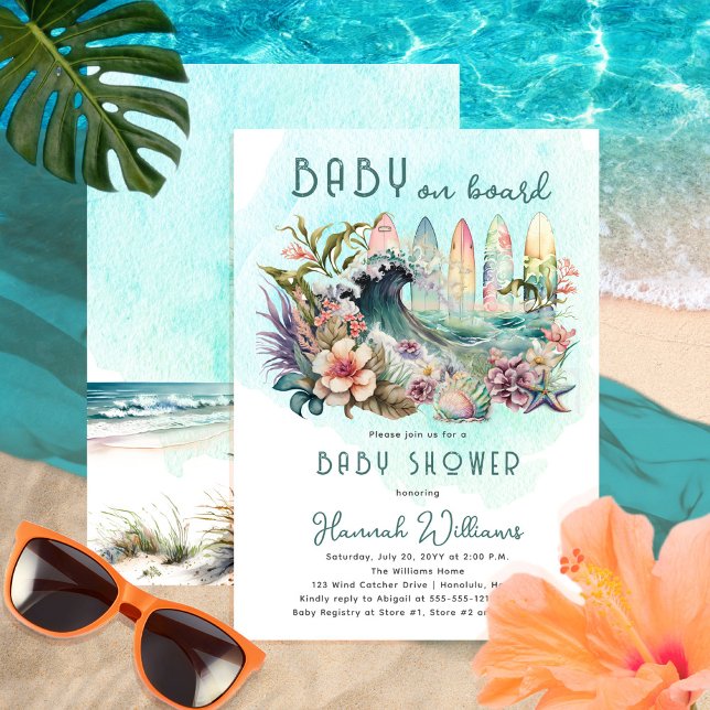 Baby on Board Tropical Surfing Floral Baby Shower Invitation (Creator Uploaded)