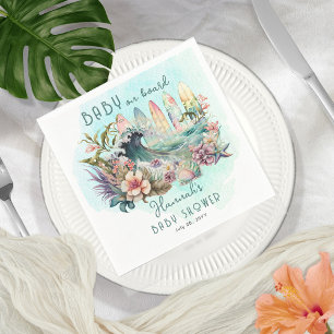 Baby on Board Tropical Surfing Floral Baby Shower Napkin
