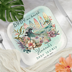 Baby on Board Tropical Surfing Floral Baby Shower Paper Plate