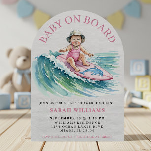 Baby on Board Watercolor Surfing Girl Baby Shower Invitation