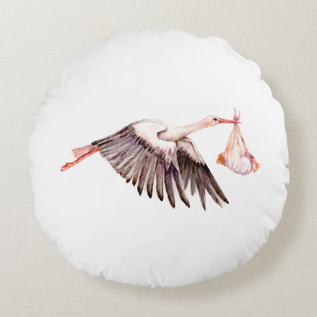 Baby on Stork Round Cushion (Front)