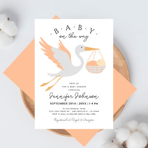 Baby on The Way Cute Stork Pink Girl Baby Shower Invitation