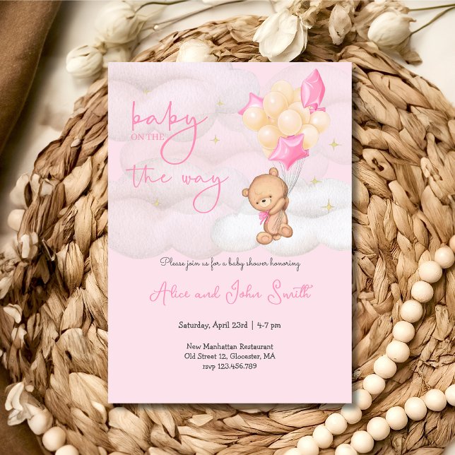 Baby on the way teddy bear and balloon Baby shower Invitation (Creator Uploaded)
