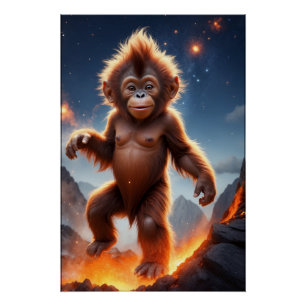 Baby Orangutan and Volcano Poster