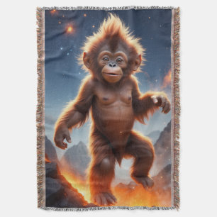 Baby Orangutan and Volcano Throw Blanket