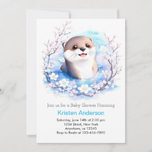 Baby Otter Blue Wildflowers Boy Baby Shower Invitation