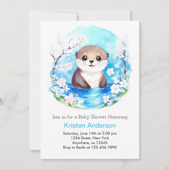 Baby Otter Blue Wildflowers Boy Baby Shower Invitation (Front)