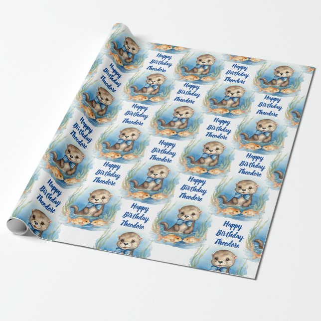 Baby Otter Boy Personalised Wrapping Paper (Unrolled)