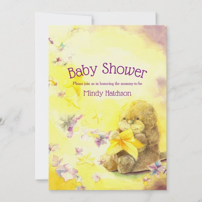 Baby Otter Purple & Yellow Baby Shower Invitation (Front)
