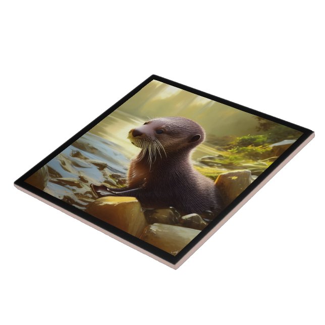 Baby Otter Wildlife Portrait  Ceramic Tile (Side)