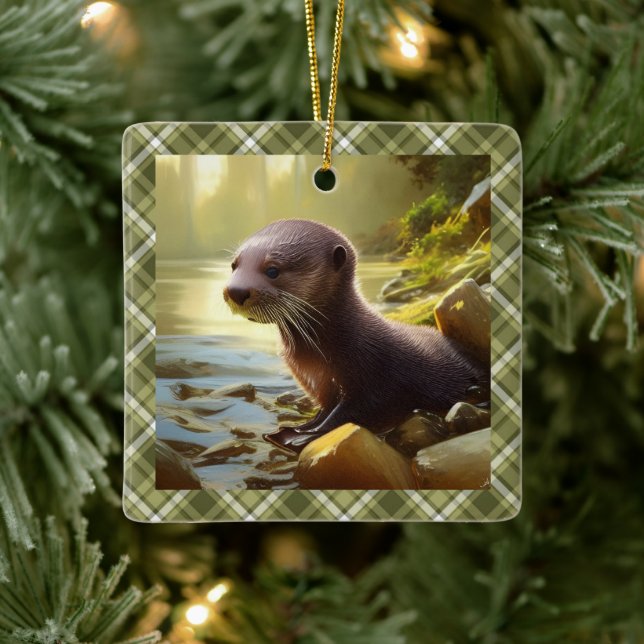 Baby Otter Wildlife Portrait Personalised Ceramic Ornament (Tree)