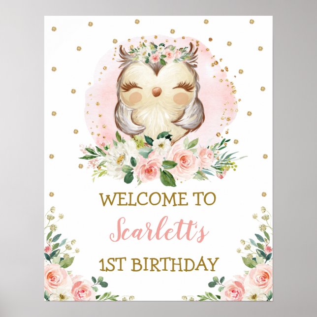 Baby Owl Blush Gold Pink Floral Birthday Welcome Poster (Front)