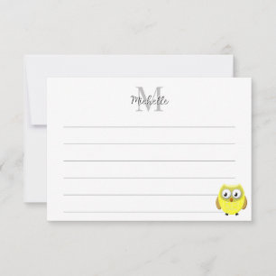 Baby Owl Cartoon Lined Monogram Personalized Card