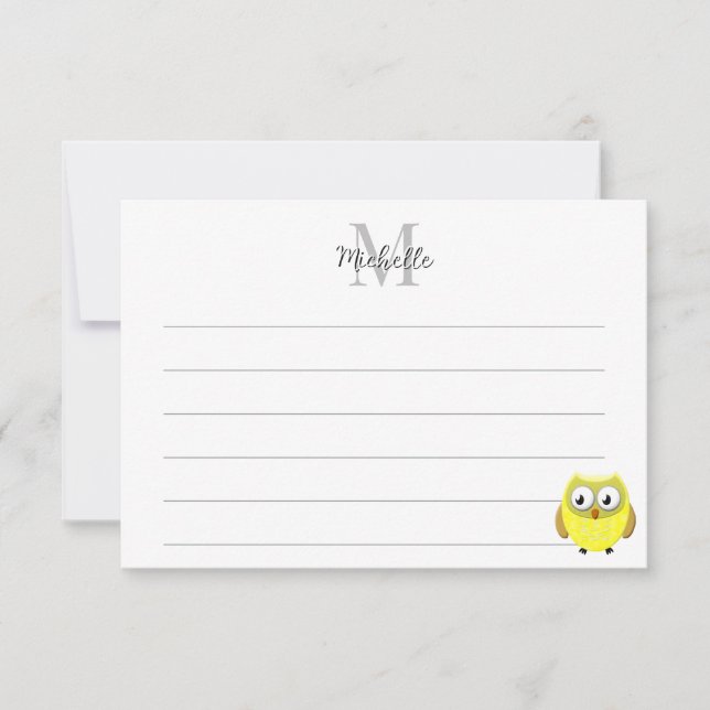Baby Owl Cartoon Lined Monogram Personalized  Card (Front)