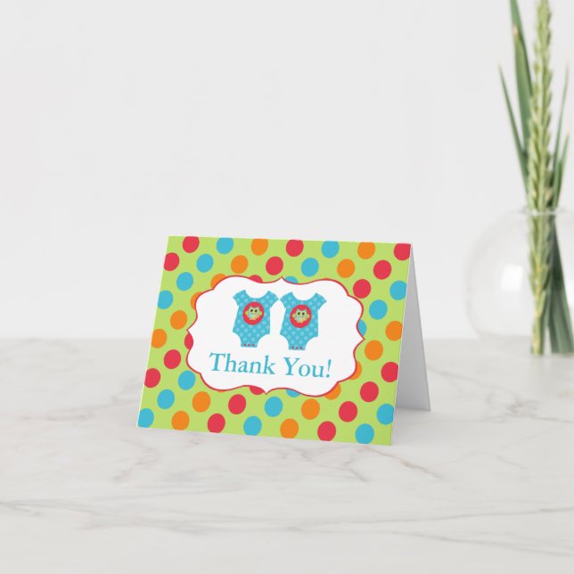 Baby Owl Clothes Boy Twins Baby Shower Thank You Card (Front)