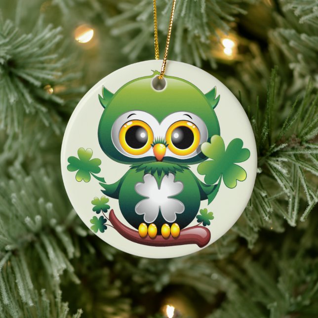 Baby Owl Cute St Patrick Cartoon Ceramic Ornament (Tree)