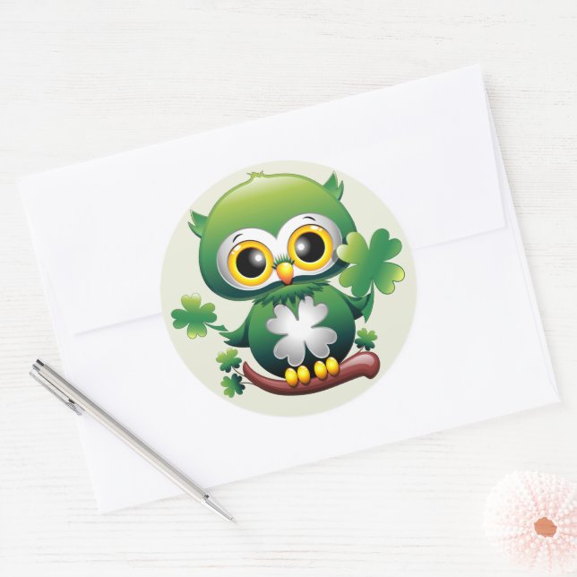 Baby Owl Cute St Patrick Cartoon Classic Round Sticker (Envelope)