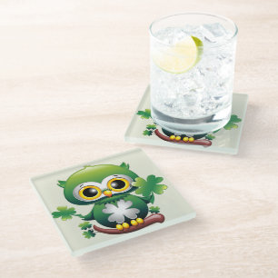 Baby Owl Cute St Patrick Cartoon Glass Coaster